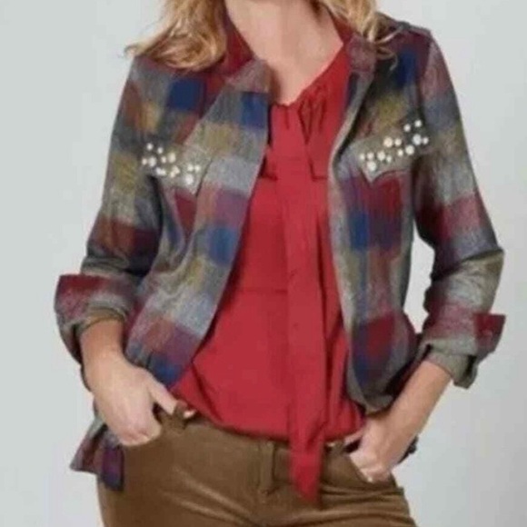 CABI 3555 Plaid Collage Pearl Accent Full Zip Topper Jacket Women’s Size Large - Picture 4 of 11